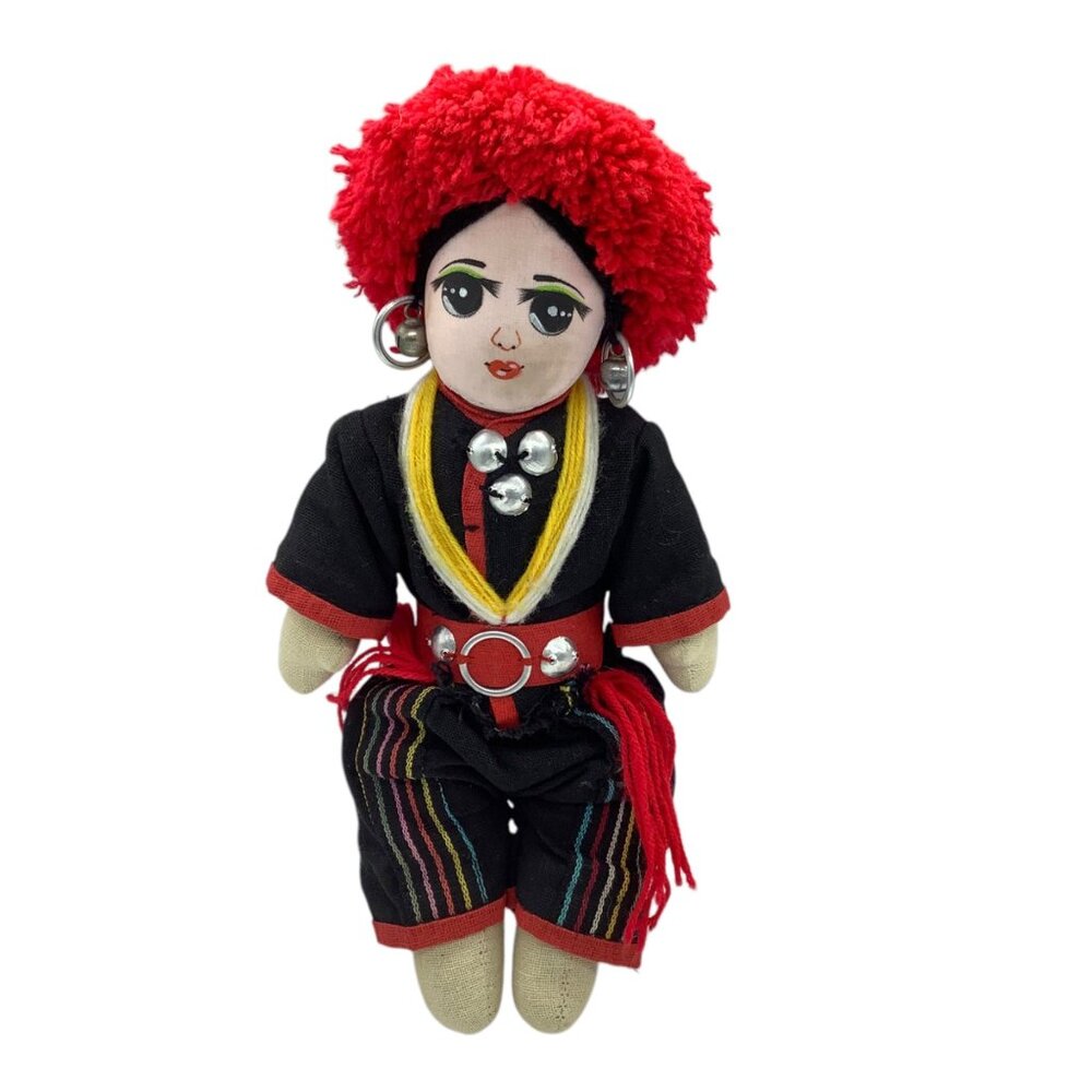Vtg Thailand Ethnic Cloth Doll Silver Accents 10" Tribal Folk Costume